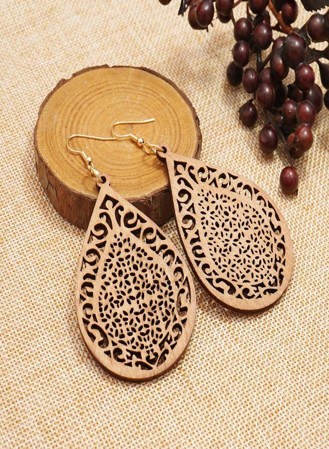 Wovanoo Wood Earrings for Women Natural Wooden Drop Dangle Earring 2 Pairs Lightweight Waterdrop Earring Set Brown - Image 4